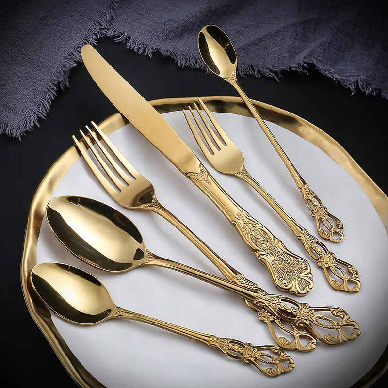 Baroque Royal 18/10 Flatware Vintage 24 Bộ Đồ Bạc Sang Trọng Bộ Dao Kéo Vàng Cưới Bằng Thép Không Gỉ