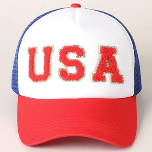 Chapeaux de camionneur à bord incurvé à contraste de couleur bleu rouge casquettes de Baseball à 5 panneaux avec lettres initiales USA - Product Image 2