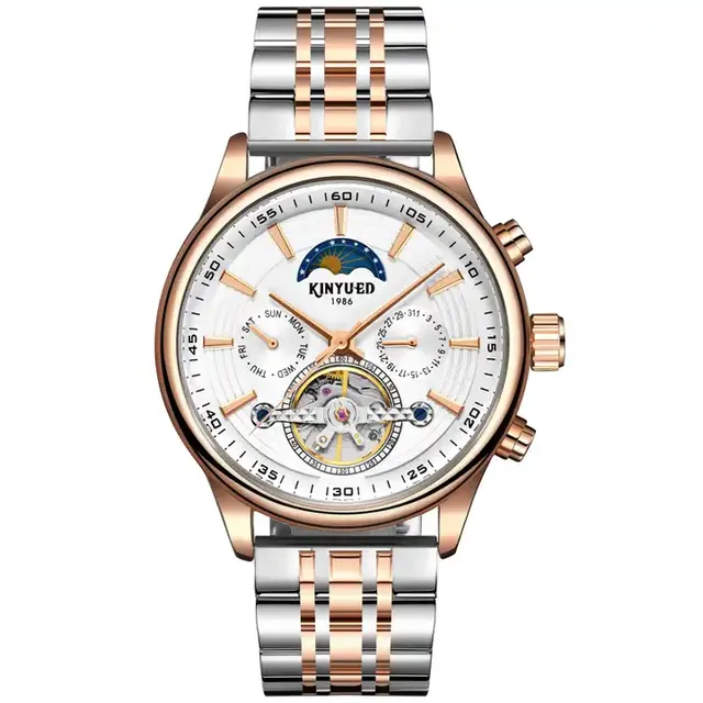 KINYUED J118 Unique Designer New Men Watch Hollow Out Automatic Rose Gold Skeleton Watch Top Brand Luxury Mechanical Watch