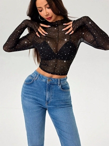 Europe et Amérique 2026 Printemps/Automne Nouveau T-<span class=keywords><strong>shirt</strong></span> Haut <span class=keywords><strong>Femme</strong></span> à Col Montant Fin, Manches Longues, en Maille Transparente et Paillettes - Product Image 4