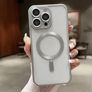 Casing ponsel perempuan matte, pelindung telepon genggam tpu lembut tahan guncangan titanium magnetis untuk iphone 15 pro max 14