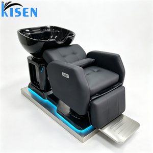 Station de lavage de cheveux KISEN, lavabo en céramique noire brillante intégré, fauteuil inclinable électrique, accoudoirs entièrement rembourrés, revêtement PU imperméable. - Product Image 4
