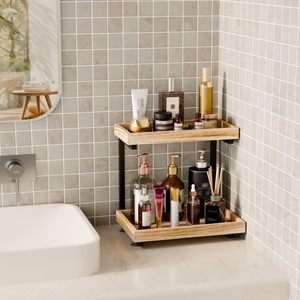 Double Layer Wooden Iron Storage Rack 50X30CM Durable Freestanding Bathroom Shelf For Cosmetics Toiletries Organization - Product Image 2