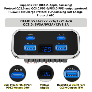 Chargeur <span class=keywords><strong>de</strong></span> <span class=keywords><strong>voiture</strong></span> 12V 24V avec voltmètre, double USB-A 18W et double USB-C 20W, à monter sur prise allume-cigare pour camion, bus, siège ou camping-car modifiés - Product Image 4