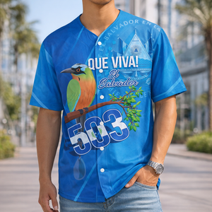 Camiseta de Béisbol Personalizada de El Salvador, <span class=keywords><strong>Guardabarranco</strong></span> 503, Día de la Independencia, Sublimación, Orgullo de El Salvador - Product Image 1