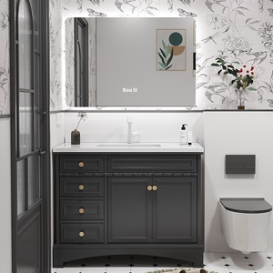 Tocador de baño de roble todo en uno con tablero de <span class=keywords><strong>roca</strong></span> <span class=keywords><strong>Retro</strong></span> francés, <span class=keywords><strong>lavabo</strong></span> de piso a piso de MDF de cerámica moderna, combinación de inodoro - Product Image 4