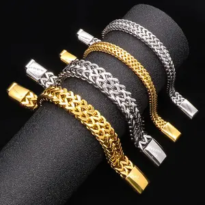 Venta al por mayor de acero inoxidable trenzado de moda pulseras y brazaletes de acero inoxidable placa de oro cadena brazalete