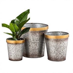 JUEGO DE 3 macetas con borde dorado redondo a precios de fábrica mayorista, cubos de macetas galvanizados más vendidos - Product Image 1