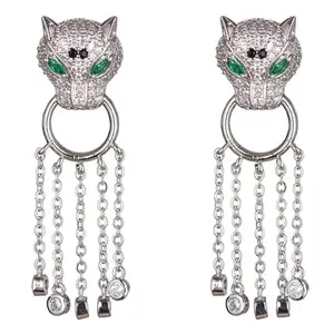 Korea animal 925 sterling silver pin brass with 18k white gold plated cubic zirconia panther leopard hoop tassel earring jewelry