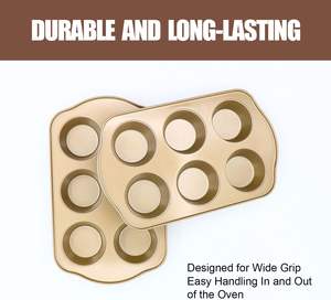 صينية خبز كبيرة من جوهو بيكينج لـ 6 قطع مافن، عبوة من قطعتين، صواني كب كيك غير لاصقة، فولاذ سمك 0.5 ملم، قطر 3.5 بوصة، ملاعق خبز ذهبية كبيرة - Product Image 4