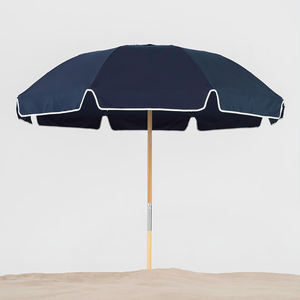 Paraguas de playa de poste de madera de gran tamaño de 7,5 pies a prueba de viento UV 50 + rayas azules resistentes paraguas de Patio personalizado con flecos con ventilación de aire - Product Image 1