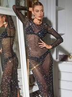 Robe longue maxi transparente en maille fendue, sexy et respirante, à manches longues, pour femme, idéale pour la plage