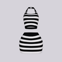 Ensemble jupe deux pièces personnalisé avec LOGO, tricot côtelé rayé, haut court à col licou et short taille haute, respirant et à séchage rapide pour femme
