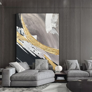 100% vẽ tay lớn màu xanh Bạc xám dọc thiết kế hiện đại tác phẩm nghệ thuật thủ công vàng lá trừu tượng Tường Vải sơn dầu - Product Image 3