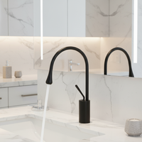 Robinet de salle de bain monotrou chaud/froid en laiton brossé or noir, style européen, avec cartouche céramique, bec de cygne orientable, à poser sur le plan.