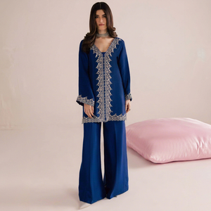 Ensemble indien pakistanais brodé bleu, kurta à manches longues, pantalon palazzo, tenue de mariage, salwar kameez - Product Image 1