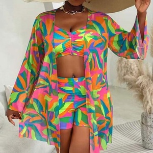 Two Colors Print Plus Size Swimwear Women 3Pieces Swimsuit Boyleg Short Bikini and <strong>Kimono</strong> Set Cover Ups L-4XL - Product Image 1