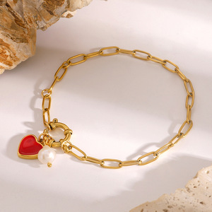 Heart Shape Pearl Charm <b>Bracelet</b> For Women Gold Chain With <b>Red</b> Heart Pendant Gift Jewelry Fashion Accessory - Product Image 4