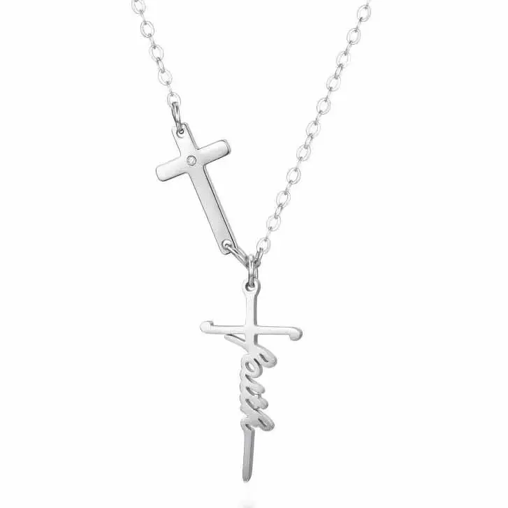 Blessed Faith Chain Custom Logo Letter Personalized Religious Christian Stainless Steel Cross Necklace Jewelry
