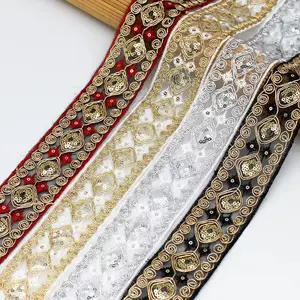 Hot sale 4.5cm Rhombus Sequins bar code Golden Corded embroidery lace trim for clothing accessories