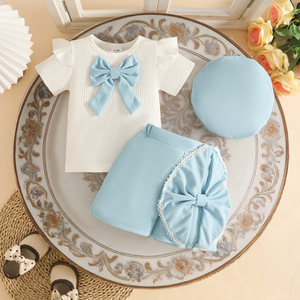 Ensemble haut et pantalon d'été écoresponsable pour bébé <span class=keywords><strong>fille</strong></span> de 0 à 3 <span class=keywords><strong>ans</strong></span>, style décontracté et mignon avec grand nœud, manches courtes - Product Image 3