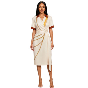Nouvelle Robe d'été décontractée élégante 2026, longueur genou, avec col contrastant et manches courtes ajustées, style portefeuille - Product Image 3