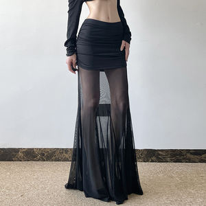 Jupe longue maxi noire sexy en maille transparente patchwork pour femme, froncée, coupe ajustée, taille haute, moulante, longueur ras du sol, pour soirée - Product Image 2