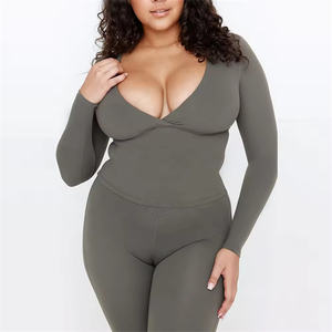 Top con scollo a V aderente aderente da donna OEM camicia semplice abbigliamento sportivo ad asciugatura rapida da donna a manica lunga da <span class=keywords><strong>palestra</strong></span> Top - Product Image 4