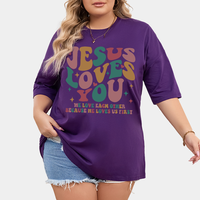 T-shirt ample et décontracté pour femme en coton épais 140 g/m² avec épaules tombantes, imprimé logo « Jésus t'aime » et patchs, respirant