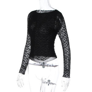 <span class=keywords><strong>Elegante</strong></span> <span class=keywords><strong>Camicetta</strong></span> <span class=keywords><strong>Nera</strong></span> in Pizzo a Maniche Lunghe con Collo Tondo per Donna, Top Casual Sexy e alla Moda - Product Image 5