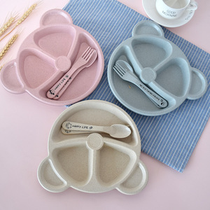 Ensemble d'assiettes divisées pour enfants en paille <span class=keywords><strong>de</strong></span> blé avec cuillère et fourchette, plateau <span class=keywords><strong>de</strong></span> repas écologique pour bébé, Cuchara, vaisselle <span class=keywords><strong>de</strong></span> cuisine, sans BPA - Product Image 3