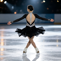 Robe de patinage artistique noire et argentée avec strass, manches longues, en maille, pour enfants et adultes, tenue de compétition sur glace
