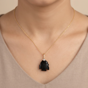 Carved Fish Gemstone Pendant Necklace <b>with</b> Tiny CZ Eye Accents 18k Gold Plated Unisex Classic Style Jewelry Brass Chain Necklace - Product Image 3