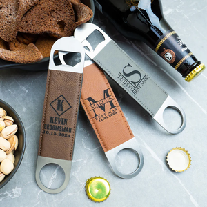 Cadeaux de <span class=keywords><strong>mariage</strong></span> pour hommes enterrement de vie de garçon Décapsuleur de bière en similicuir gravé au laser personnalisé - Product Image 6