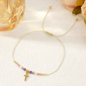 New Boho Fashion Jewelry 18k Gold Plated Stainless Steel Cross Charm Natural Stone Beads Adjustable <b>Beaded</b> <b>Bracelet</b> for Women - Product Image 5