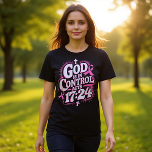 Dieu est au contrôle, Actes 17:24, t-shirt de sensibilisation au cancer du sein, design avec ruban rose - Product Image 3