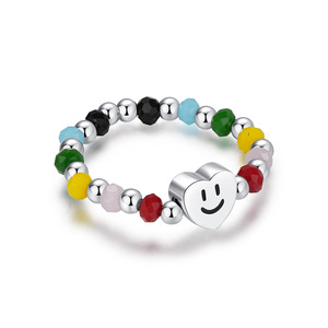 S925 Silver Cute Heart Smile Face Beaded <b>Ring</b> With Colorful <b>Crystal</b> Stones Unisex Everyday Wear Rainbow Smiley Beaded <b>Ring</b> - Product Image 1