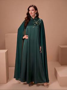 Nouvelle arrivée : Abaya cape vert émeraude lourde ornée de perles 3D, col montant, ourlet large et ample, robe de soirée élégante longue - Product Image 4