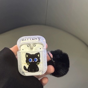 Pour AirPods 1/2/3/4/Pro Black Cat Case avec Pom Pom Lanyard Cute Cartoon Design Soft TPU Cover - Product Image 3