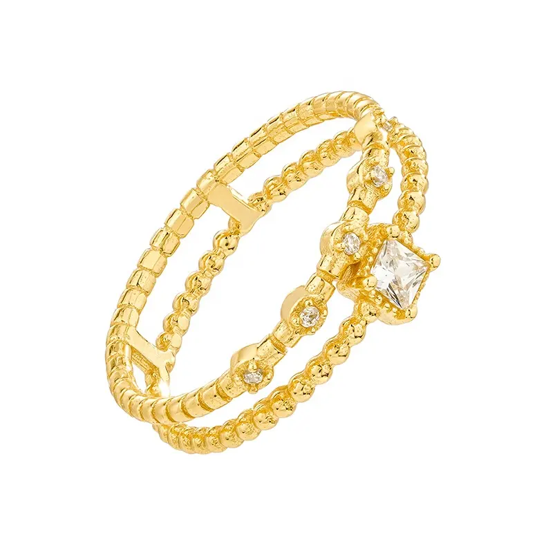 Gemnel stacked double gold band bead square white topaz 925 silver rings jewelry women