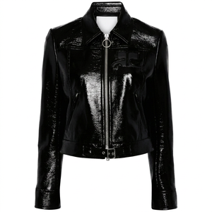 Premium Black Genuine <b>Sheepskin</b> Leather Short High Shine Women Motorcycle <b>Jacket</b> Zip Closure Bamboo Lining Customization - Product Image 1