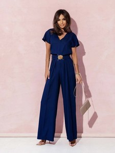 Combinaisons pour femmes de couleur unie, col en V, taille haute, jambe large et détail cravate chic - Product Image 3