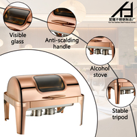 Matériel hôtelier de luxe : Réchaud de buffet rectangulaire 9L en acier inoxydable or rose avec couvercle roulant pour la restauration