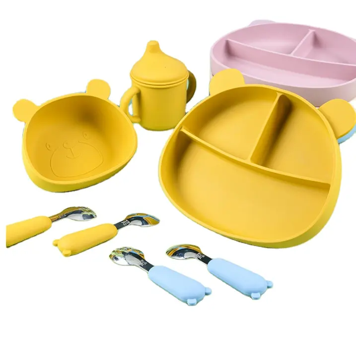 Rutsch feste BPA Free Kids Teller dose Mikrowellen freundliches Silikon Kleinkind Baby Teller Schüssel und Löffel Set für Kinder