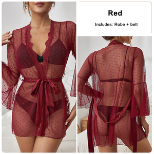 Ensemble de pyjamas en soie Sexy confortable pour femmes avec dentelle transparente à pois Robe en maille broderie strass et trou décor ensemble de vêtements de détente - Product Image 3