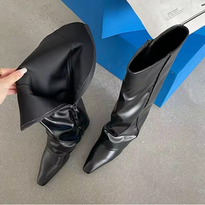 Trendy <b>Wedge</b> Women <b>Heel</b> Shoes Pointed Toe Leather 7 CM <b>High</b> <b>Heels</b> Shoes Square Toe Knee-<b>high</b> Boots Comfortable Ladies Boots - Product Image 4