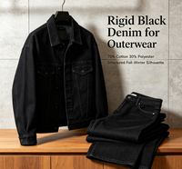 Tissu denim noir non extensible, tissé uni, teint, 70% coton, 30% polyester, 12,4 oz, poids lourd, durable, vêtements décontractés et tendance