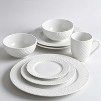 Service de Table en Porcelaine Blanche Luxe Moderne Écologique avec Motif Losanges Gaufrés, Bord Perlé, Assiettes, Bols et Tasses Personnalisables – Vente en Gros