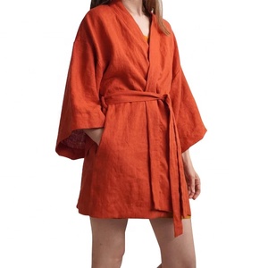 <span class=keywords><strong>Kimono</strong></span> di lino corto da <span class=keywords><strong>donna</strong></span> personalizzato abito da salotto in lino morbido abito da bagno corto in lino lavato - Product Image 1