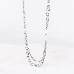 European American Style Double Layered <b>Titanium</b> Steel Necklace With Star Pendant And Beads For Party Wear - Product Image 1